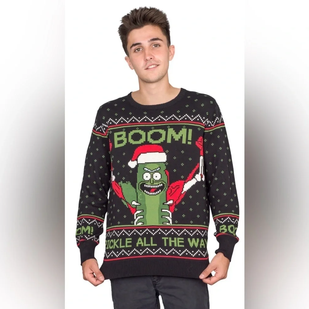 Rick and Morty Boom! Pickle Rick Adult Unisex Ugly Christmas Sweater Black
